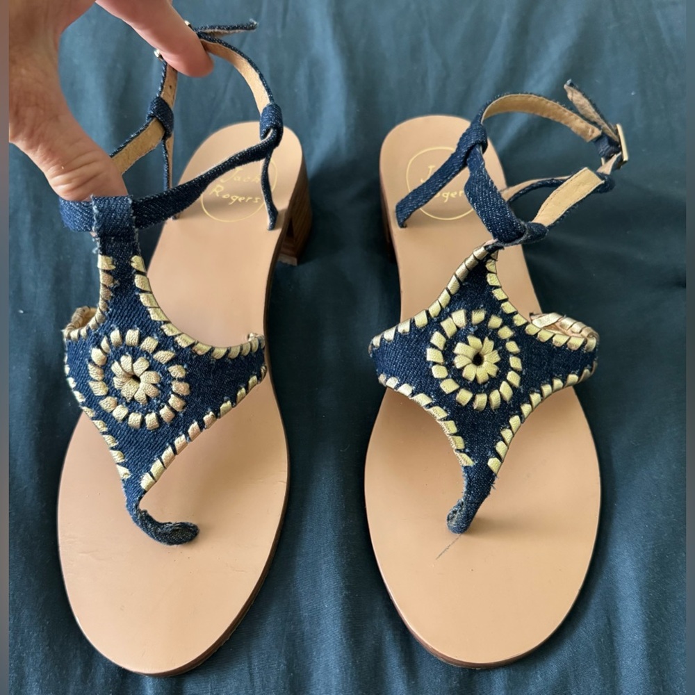 Jack Rogers Denim and Gold Sandals with Medallion Accents
